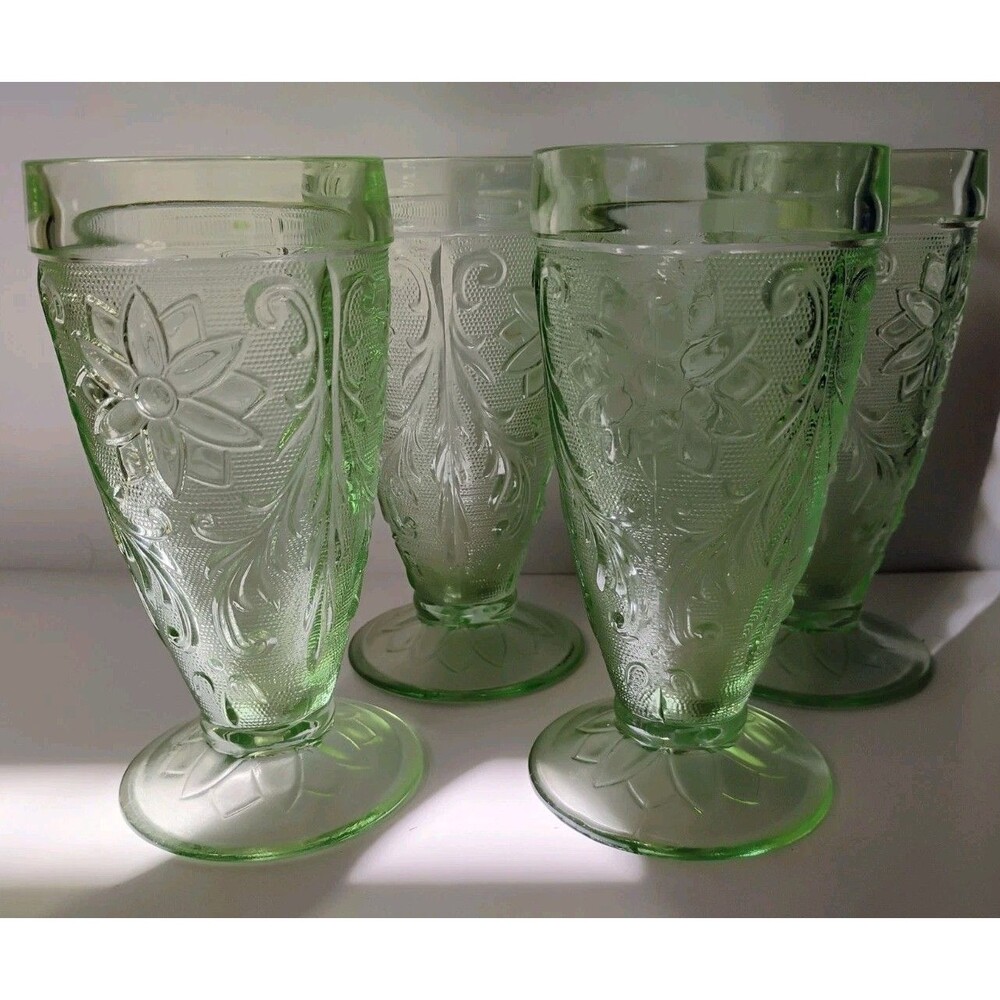 Vtg Indiana Glass Tiara Chantilly Green Sandwich Footed Iced Tea Tumblers Set 4